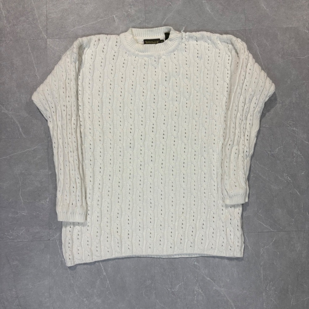 Timberland Weathergear Cream Cable Knit Cotton Sweater Mens Medium White Vintage